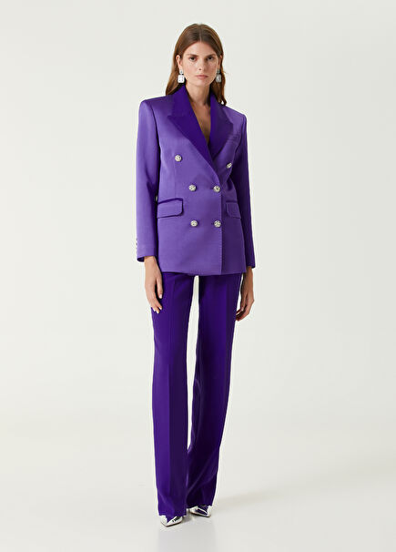 Purple Crepe Silver Button Detailed Women's Blazer Jacket