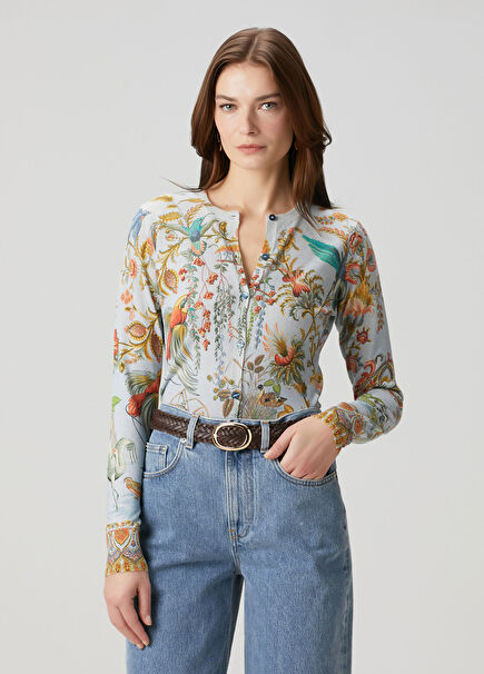 Mavi Çiçekli İpek Hırka