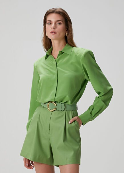 Yeşil İpek Uzun Kollu Kadın Gömlek