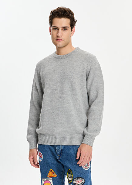 Grey Melange Round Neck Men's Sweater