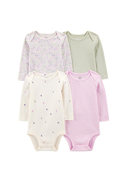 Renkli Uzun Kollu Kız Bebek 4'lü Body Seti