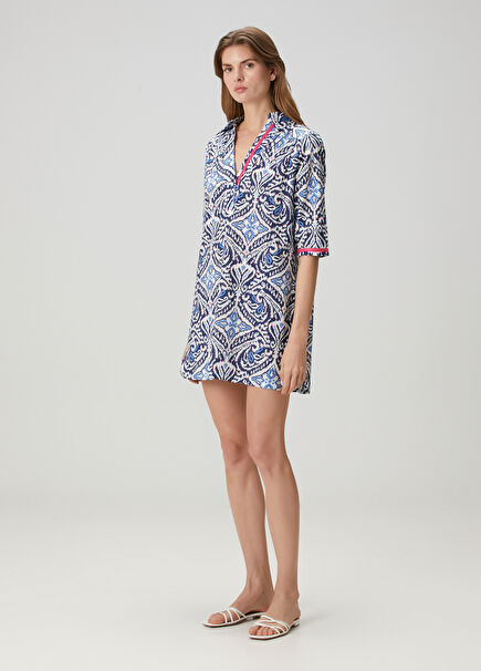 Mavi İkat Desenli Mini Kaftan