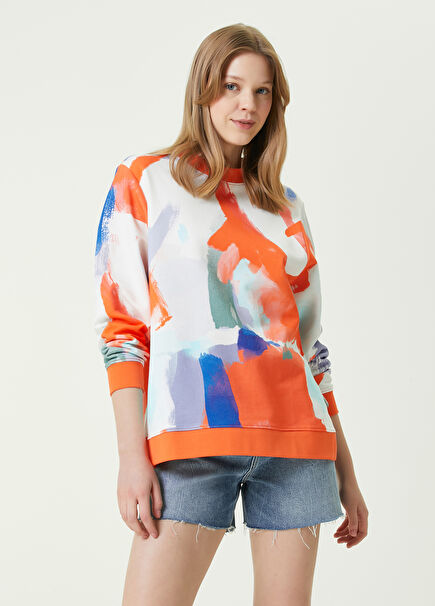 Turuncu Bisiklet Yaka Desenli Sweatshirt