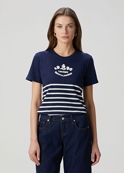 Lacivert Krem Logo İşlemeli T-shirt