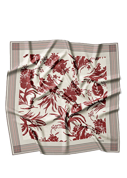 Rouge Botanica Bej Bordo Twill İpek Kadın Eşarp 