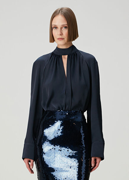 Navy Blue Satin Blouse