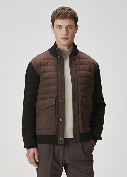 Brown Knit Garnished Wool Coat