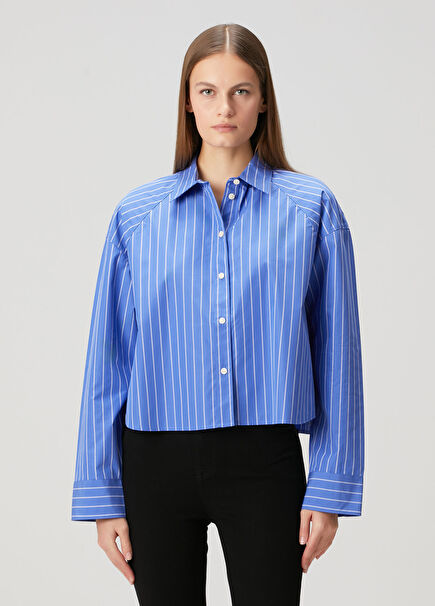 Boxy Cropped Mavi Çizgili Gömlek