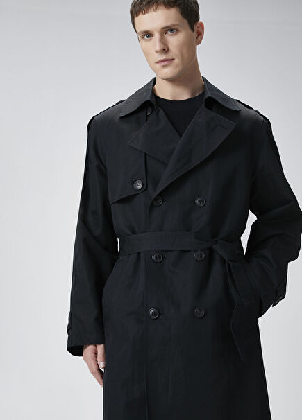 Black Linen Blend Trench Coat
