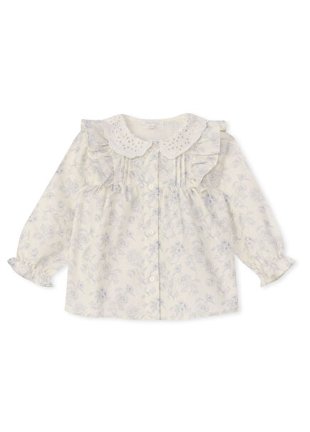 Desenli Beyaz Yaka Detaylı Uzun Kollu Kız Bebek Bluz