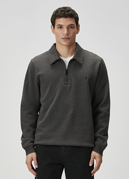 Gri Melanj Polo Yaka Sweatshirt