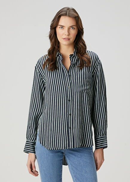 Navy Blue White Striped Shirt