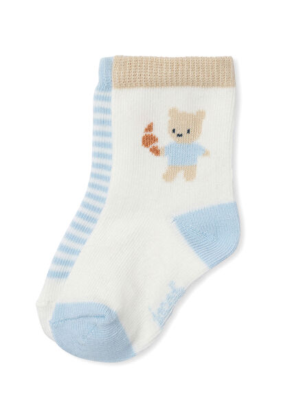 Bej Mavi Örgü Erkek Bebek 2'li Çorap