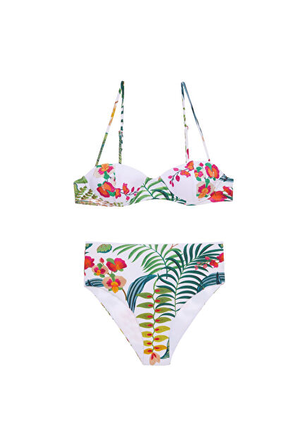 Rhode Desenli Beyaz Straplez Kadın Bikini Takımı