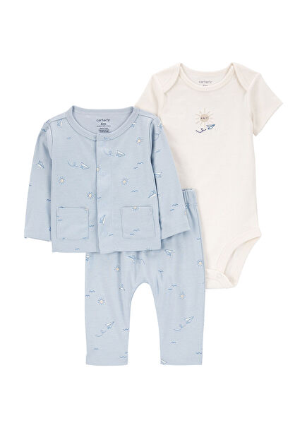 Mavi Erkek Bebek 3'lü Hırkalı Set 