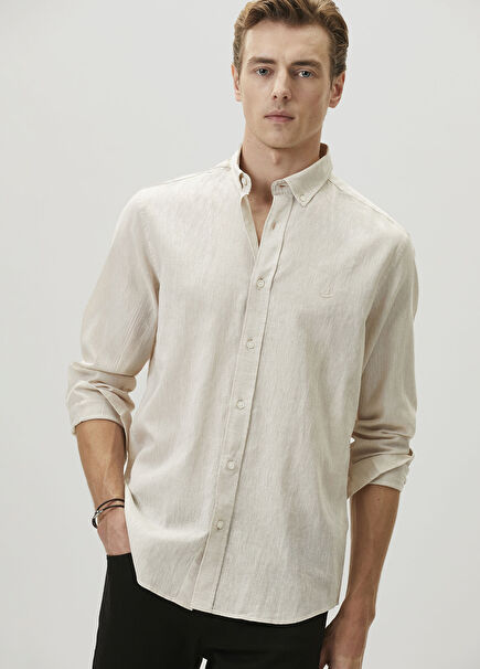 Comfort Fit Bej Keten Gömlek