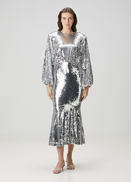 Silver Sequined Midi Evening Dress