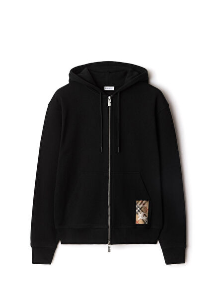 For Label Cotton Zip Siyah Pamuklu Kapüşonlu Erkek Sweatshirt