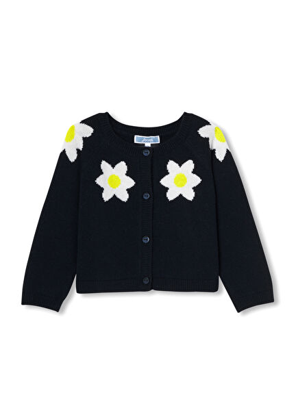 Lacivert Çiçek Motifli Jarse Örgü Kız Bebek Hırka