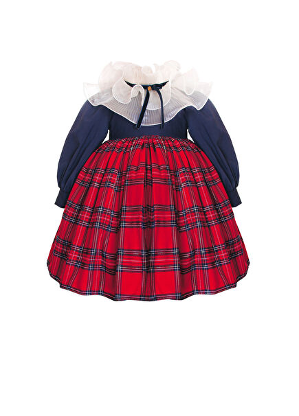Checkered Long Sleeve Puffy Girls Dress