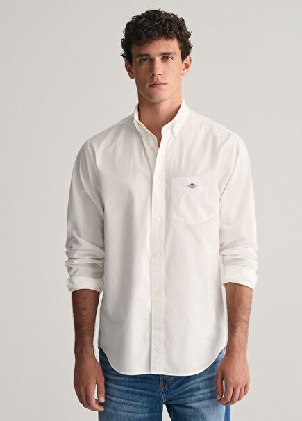 Regular Fit Button-Down Collar White Men's Shirt