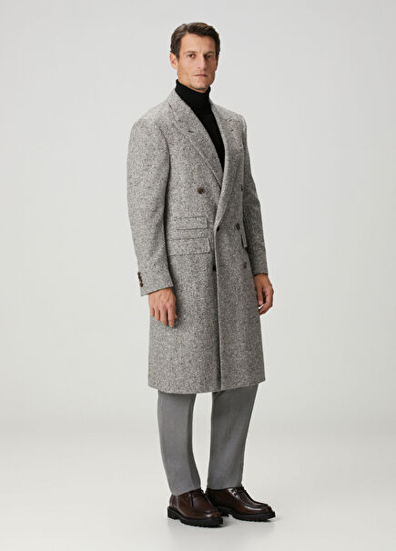 Gri Nopeli Yün Kruvaze Palto