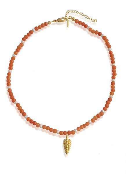 Urla 24 Karat Gold Plated Semi-Precious Stone and Baroque Pearl Detailed Women's Necklace