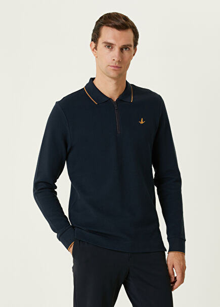 Slim Fit Lacivert Ottoman Dokulu Polo Sweatshirt