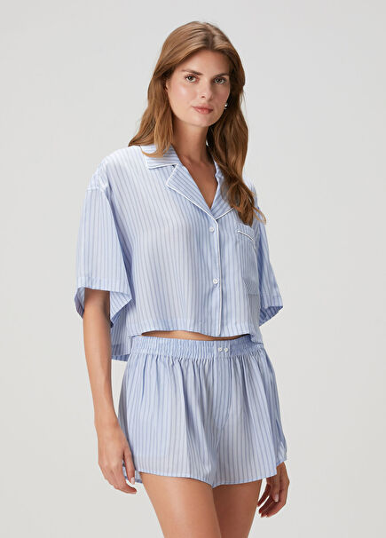 Mavi Çizgili Kısa Kol Crop Gömlek