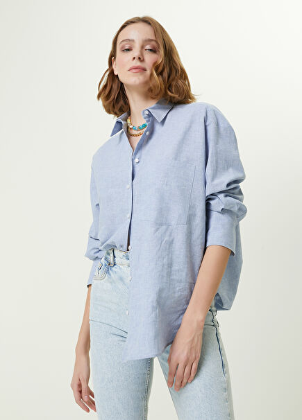 Blue Logo Embroidered Long Linen Shirt