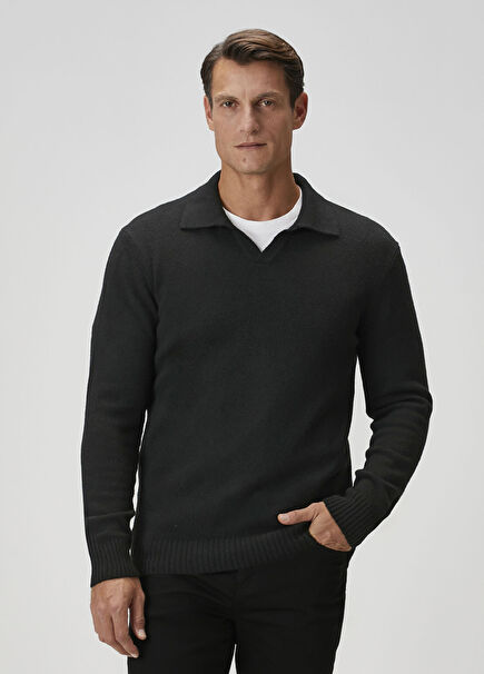 Siyah Kaşmir Karışımlı Yün Kazak