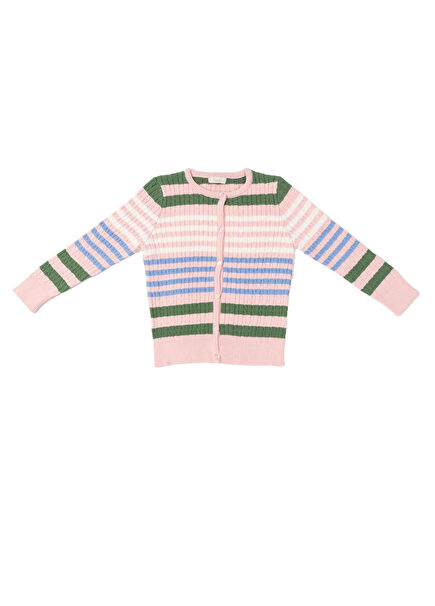 Light Pink Wooly Hair Braided Striped Knitwear Unisex Kids Cardigan