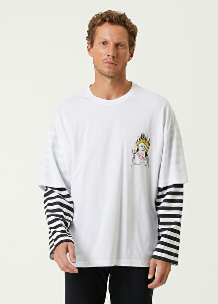 Role Model White Striped Double Sleeve Men's T-shirt