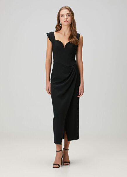 Siyah Düşük Omuzlu Midi Kokteyl Elbise