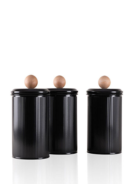 Stripe Siyah Galvaniz 3'lü Çay Kahve Şeker Kavanozu Seti