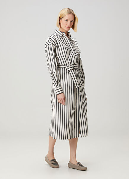 Black White Striped Midi Shirt Dress