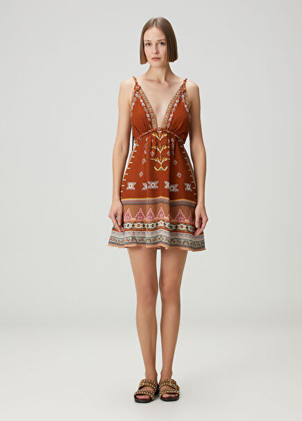 Kahverengi Desenli Mini Plaj Elbisesi