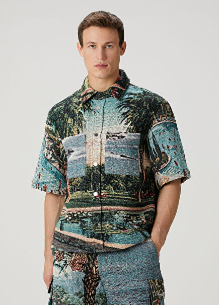 Çok Renkli Manzara Jakarlı Kısa Kollu Gömlek