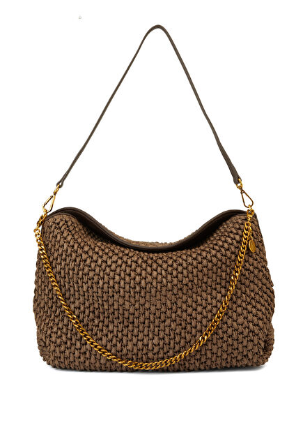 Chain Büyük Kahverengi Kadın Rafya Omuz Çantası