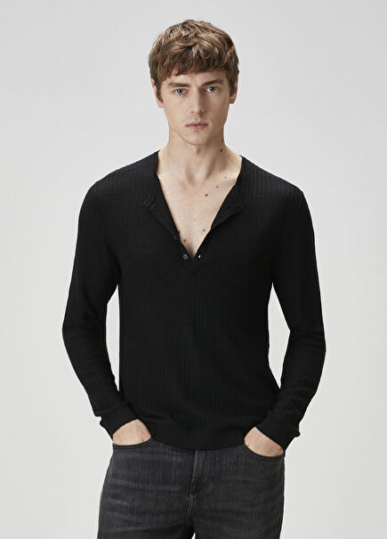Albano Henley Black Collar Buttoned Wool Sweater