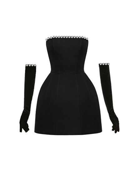 Black Velvet Gloves Stone Detailed Mini Women's Evening Dress