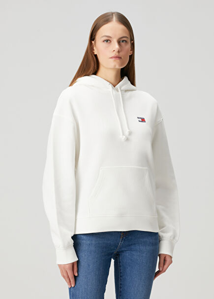 Boxy Fit Beyaz Kapüşonlu Sweatshirt