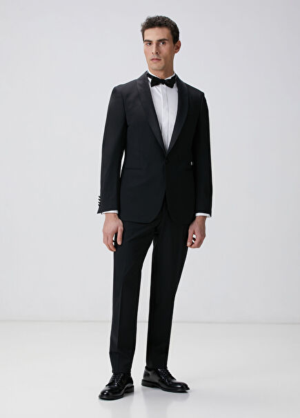 Siyah Yün Karışımlı Smokin Takım Elbise