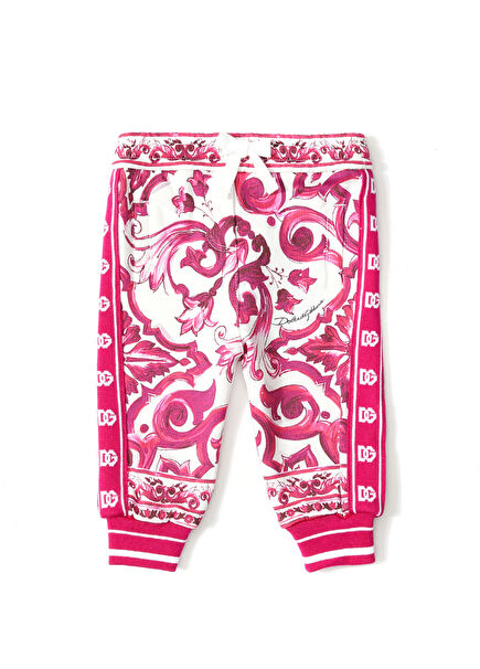 Beyaz Pembe Desenli Kız Bebek Jogger Pantolon