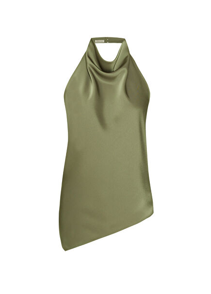 Vento Khaki Satin Waist Tie Sleeveless Women's Blouse