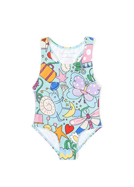 Çok Renkli Desenli Kız Çocuk Mayo