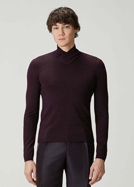 Bordo Yaka Detaylı Merino Kazak