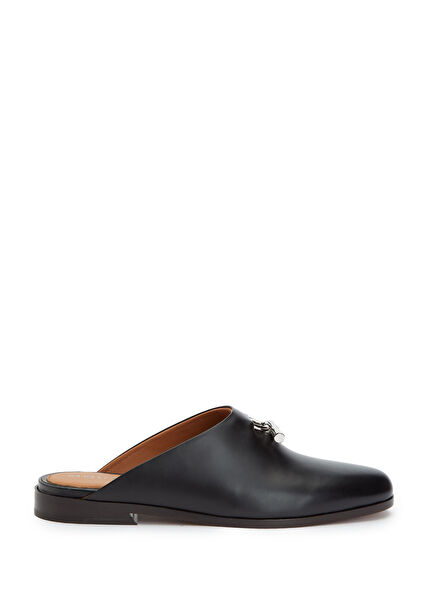 Siyah Silver Logo Tokalı Kadın Deri Terlik