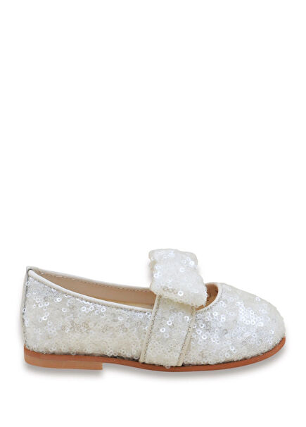 Pearl White Leather Sequin Detailed Girls' Ballet Flats