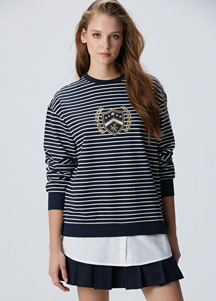 Lacivert Beyaz Dokuma Garnili Sweatshirt